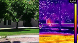 image of a building frontage with trees; to the left, the image is a normal photograph, to the right, the image is infrared, and shows the tree and yard area as cooler than the concrete and asphalt road frontage